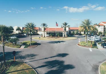 Aerial view of reception and lobby building in West Village at Orange Lake Resort near Orlando, Florida.