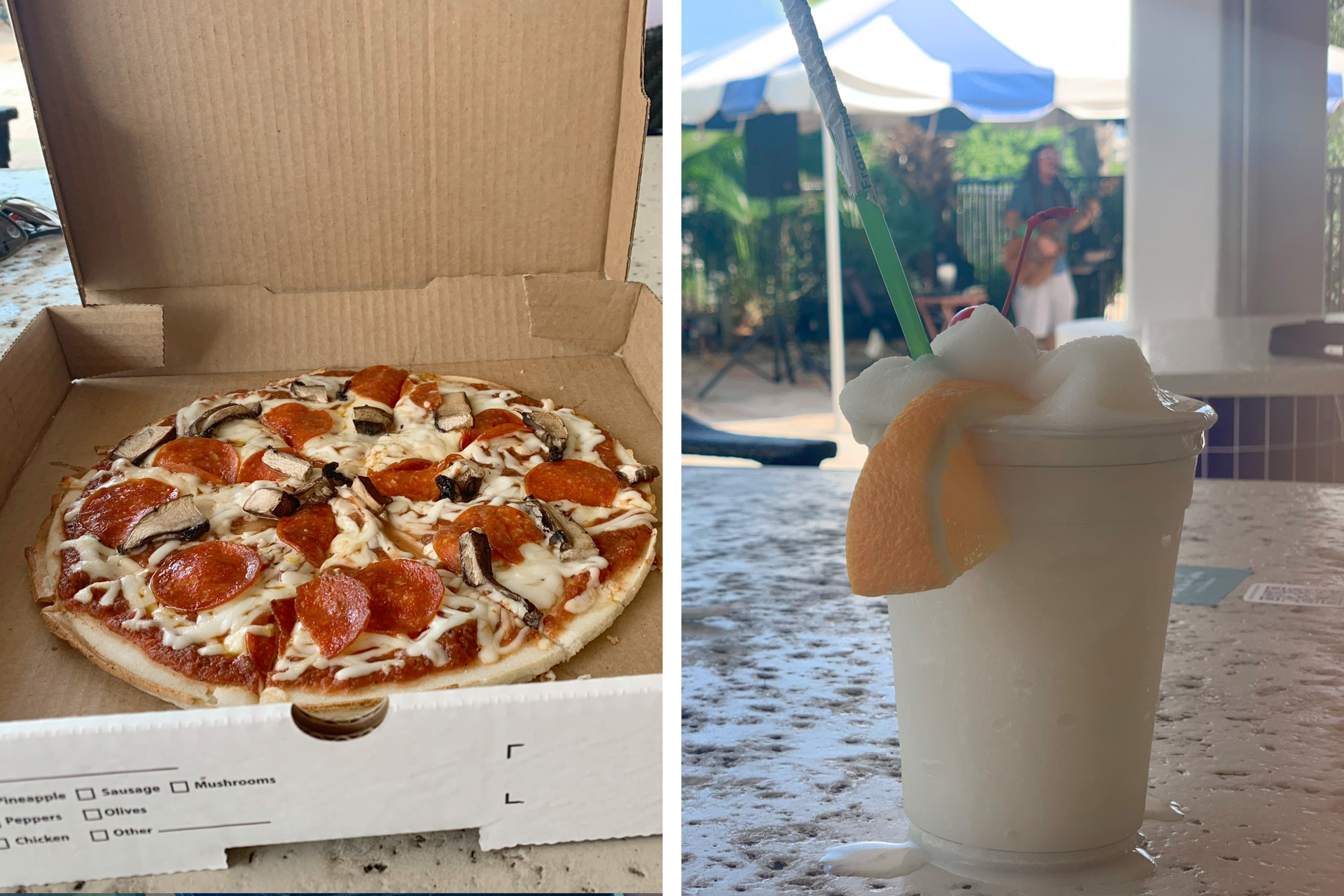Left: A box of pizza sits on a table. Right: A pina colada sits on a bar countertop.
