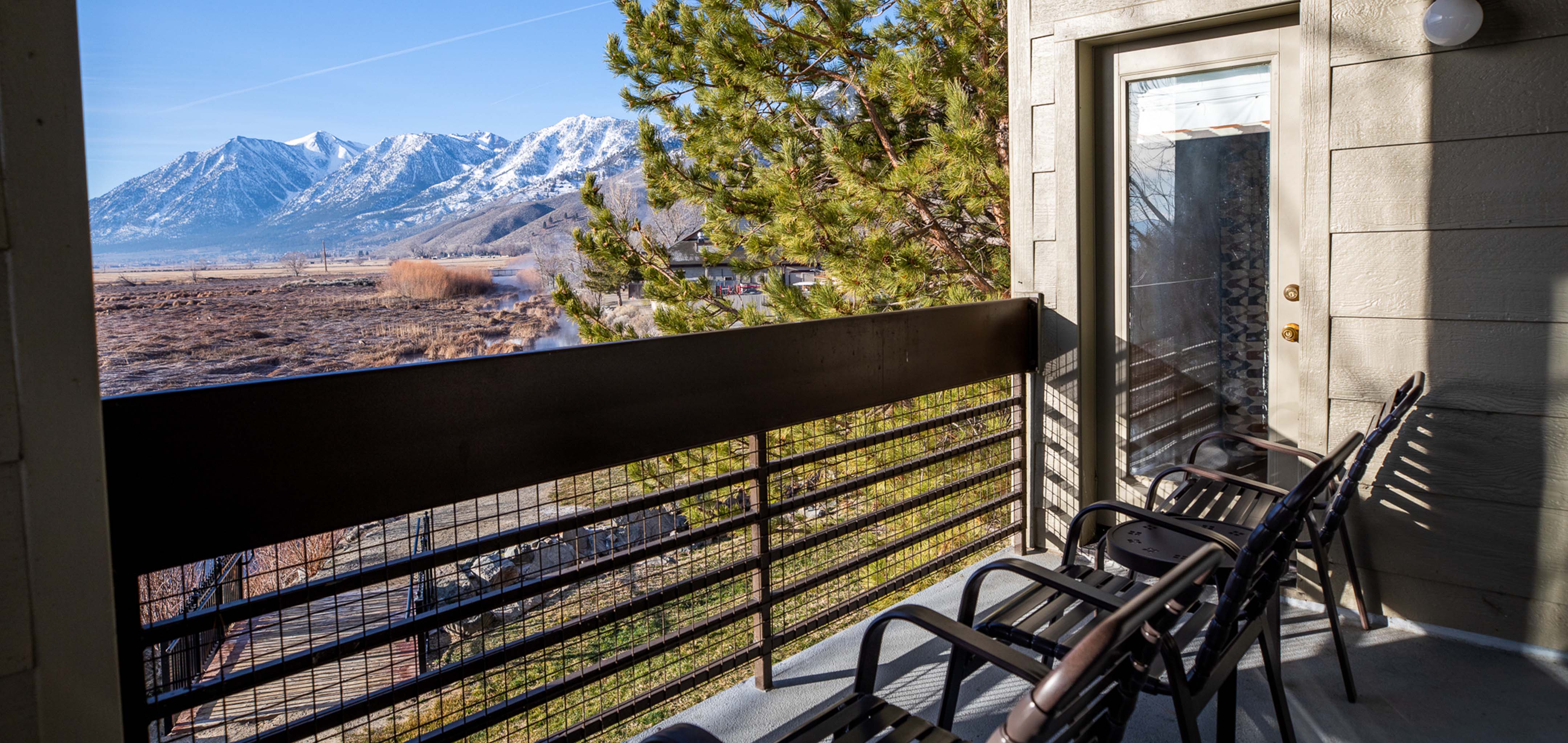 View from villa balcony looking onto Sierra Nevada Mountains at David Walley's Resort in Genoa, Nevada.