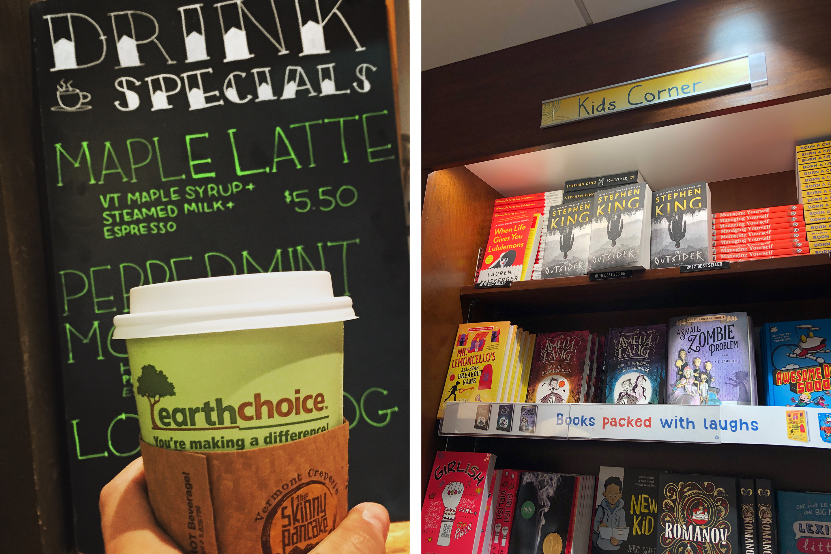 Left: A woman's hand holds a green travel coffee cup in front of a menu at a terminal cafe. Right: Various books at the 'Kids Corner' section of a terminal bookstore.