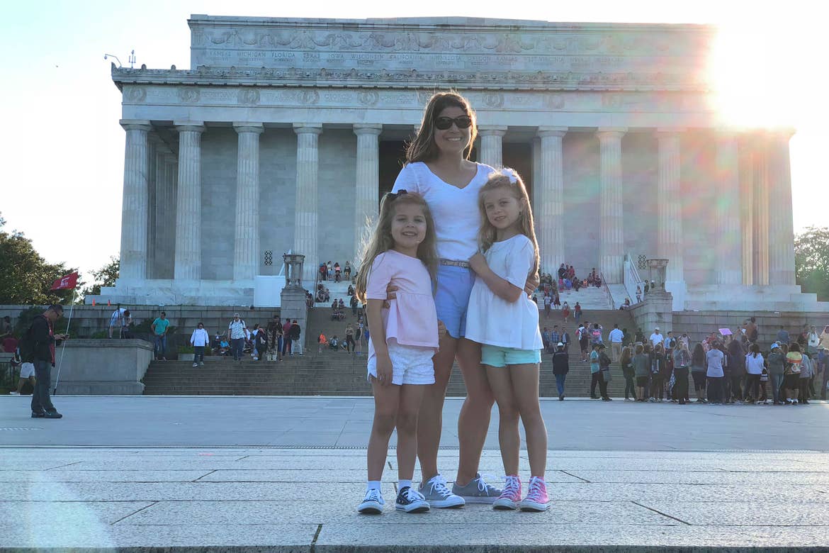 Author, Chris Johnston (middle), stands in front of the Lincoln Memorial in Washington DC with her daughters Kyndall (right) and Kyler (left).