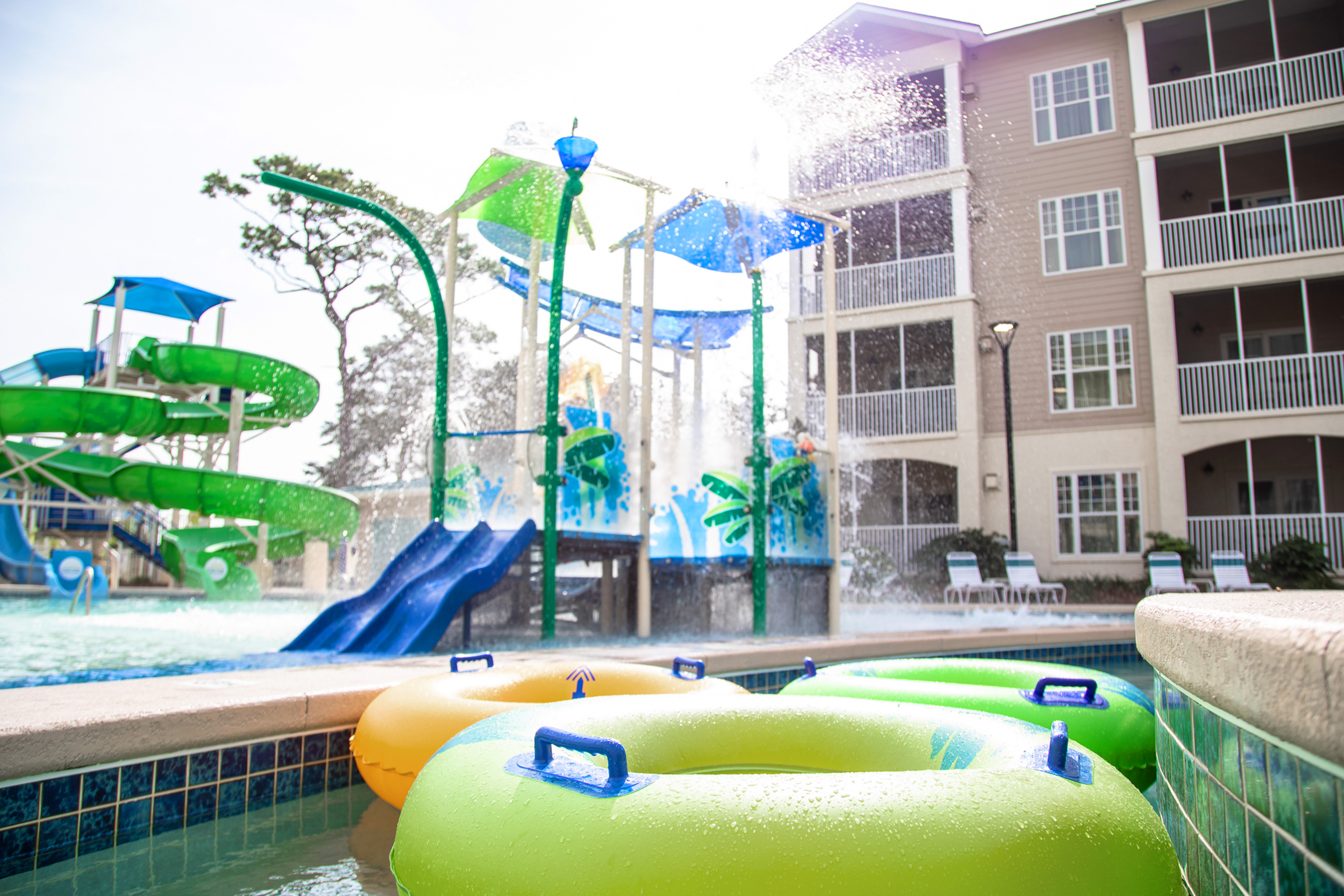 Several inner-tubes line up in the Lazy River near Splash Cove at our South Beach resort in Myrtle Beach, SC.