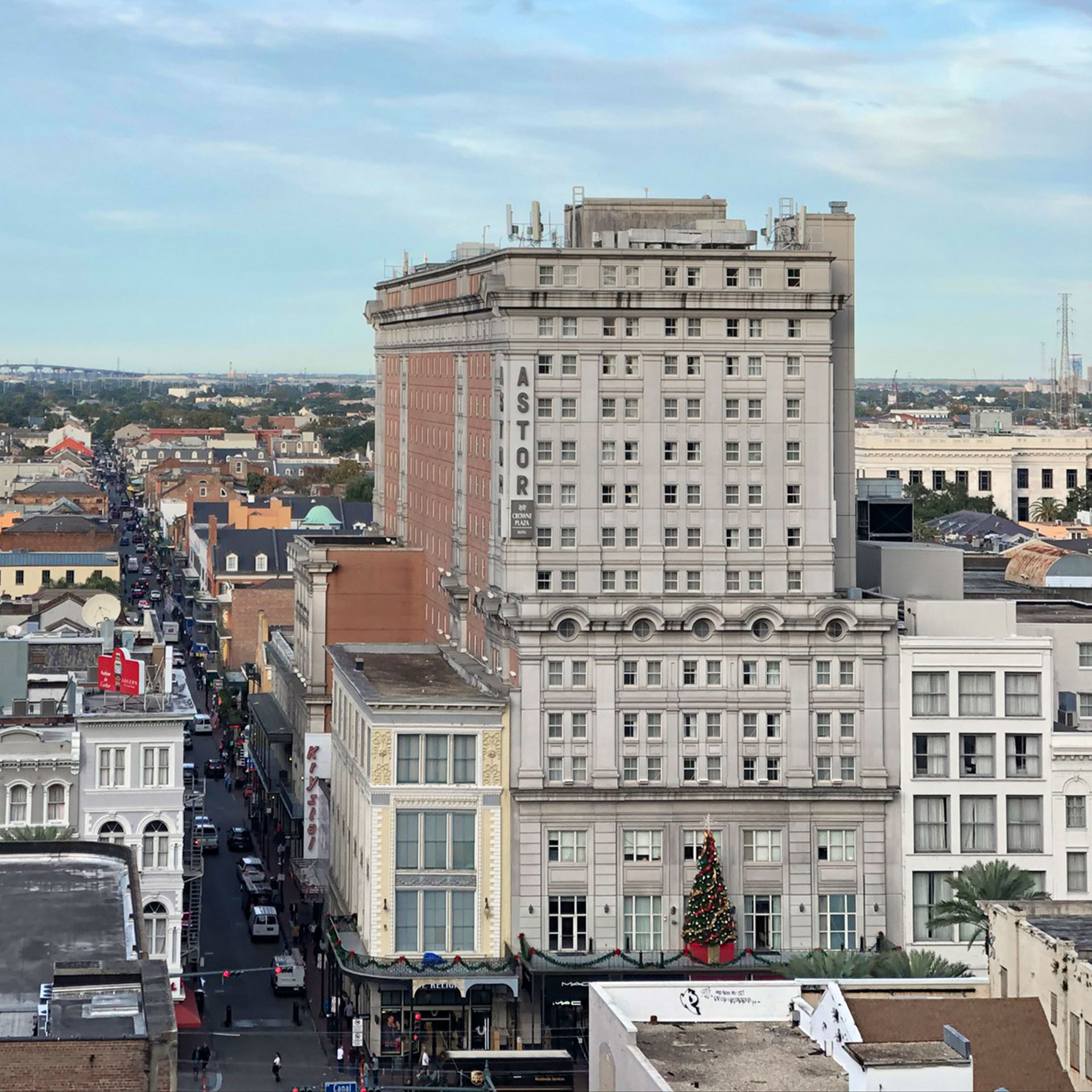A view from the rooftop of our resort in New Orleans, Louisiana with surrounding hotels and structures decorated for the holidays.