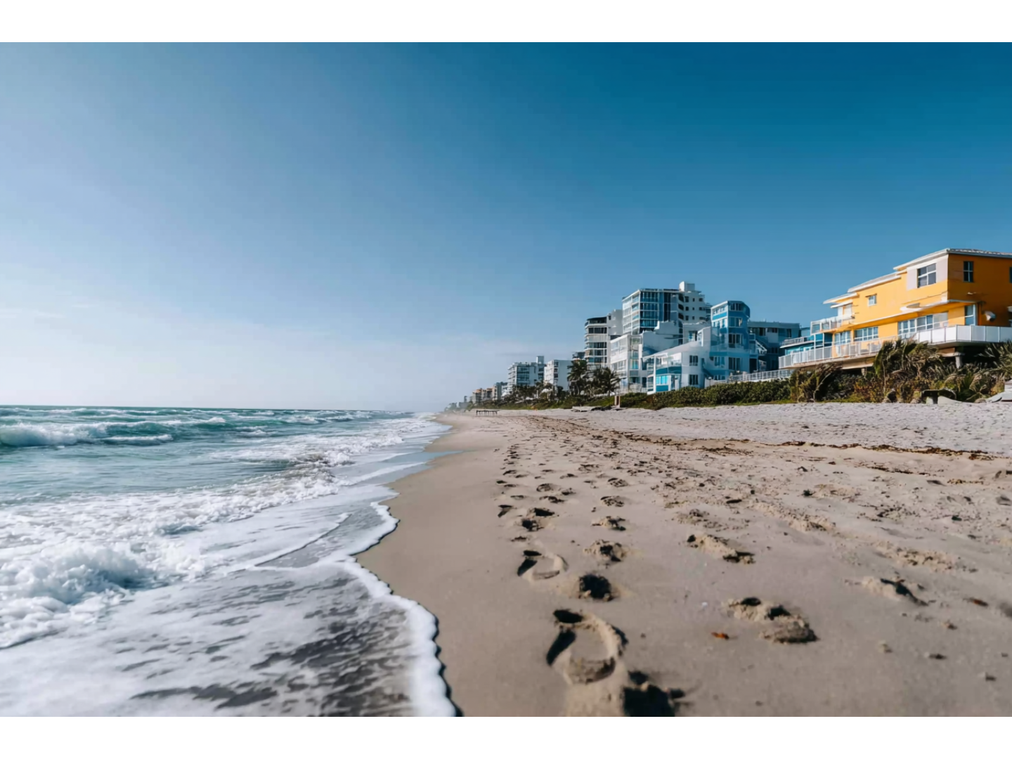 Footprints on sandy beach with ocean waves and buildings in background