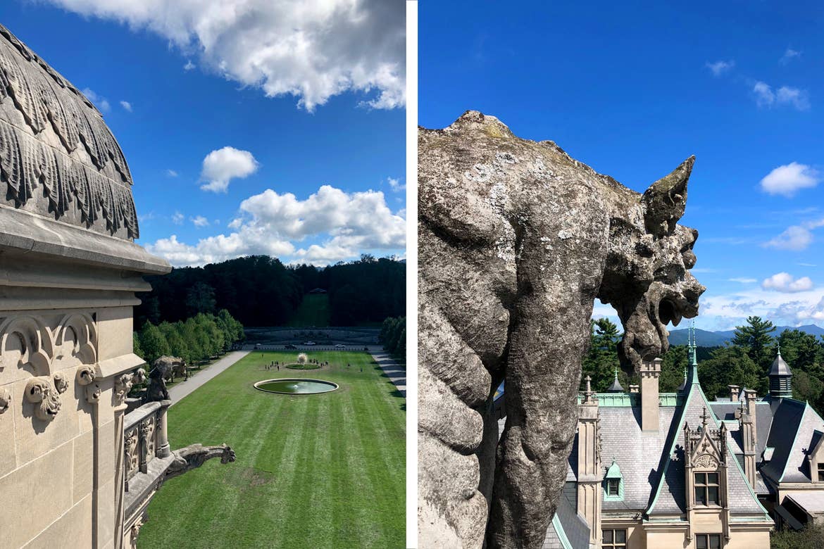 Left: The exterior of the Biltmore Estate from the rooftop as it looks out on the front lawn. Right: The exterior of the Biltmore Estate from the rooftop as it looks at the gargoyle overlooking the rooftops of the estate.