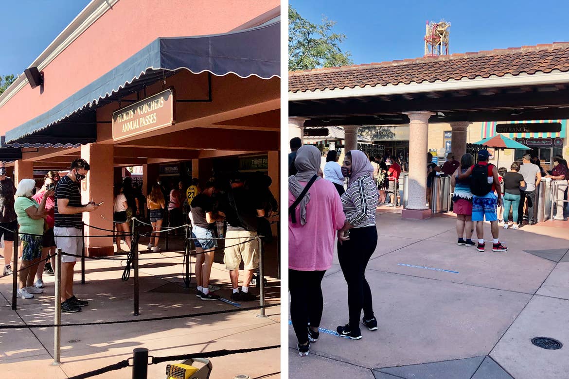 Left: Guests at 'touchless' ticket service station. Right: Guests walk enter the park Esplanade.