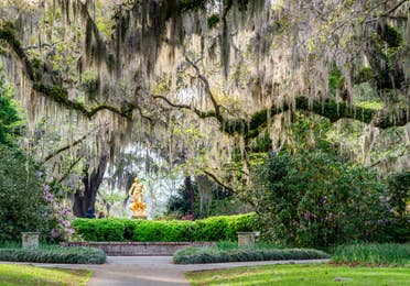 Golden statue surrounded by mossy oak trees and azalea bushes