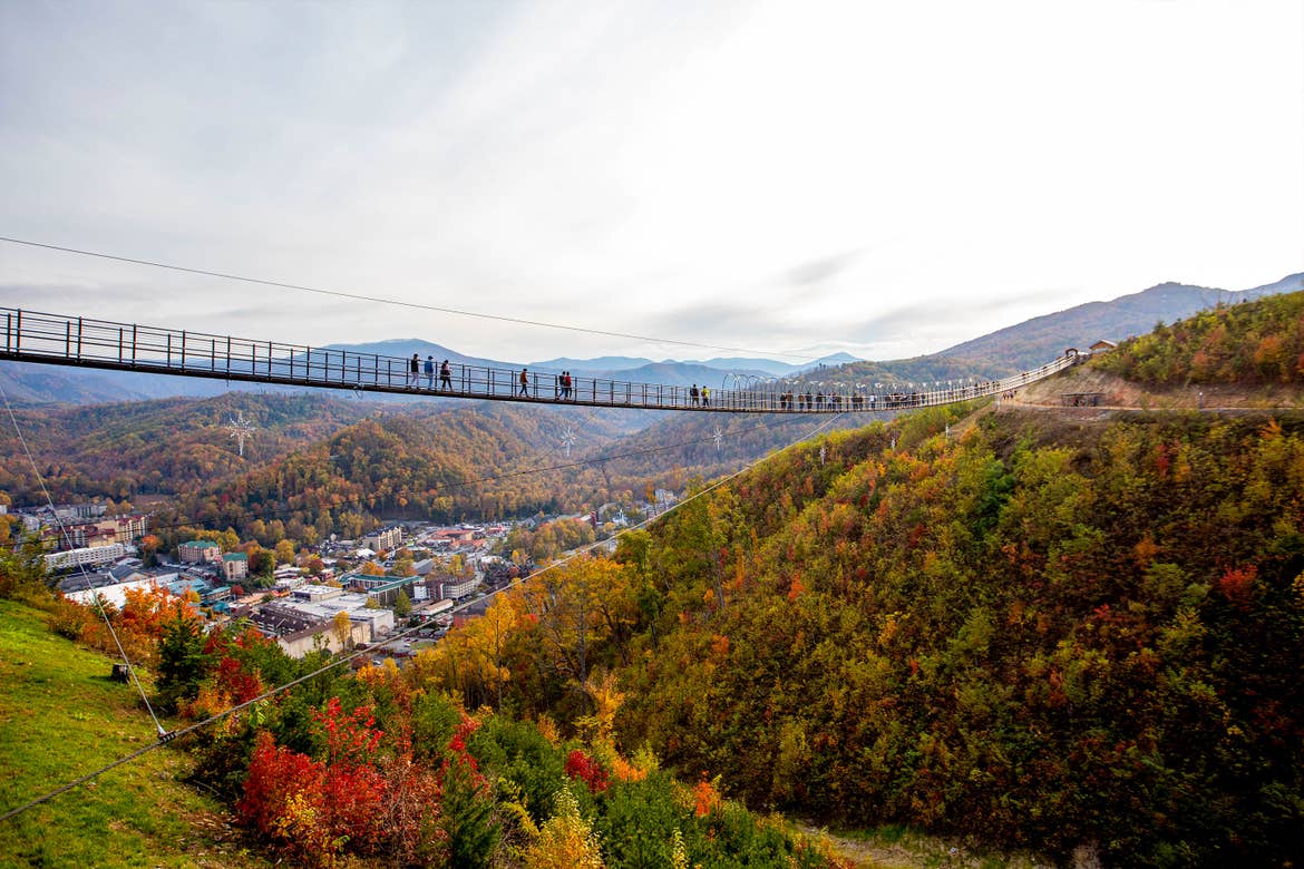 An elongated, suspended bridge hangs between the mountainside covered in fall foliage.