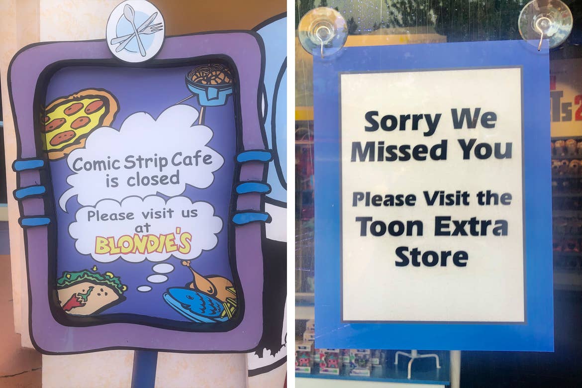 Left: Comic Strip Cafe closure sign. Right: Merchandise store closure sign.