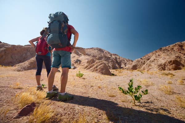 Two people wearing hiking backpacks and looking towards a mountain they're about to hike