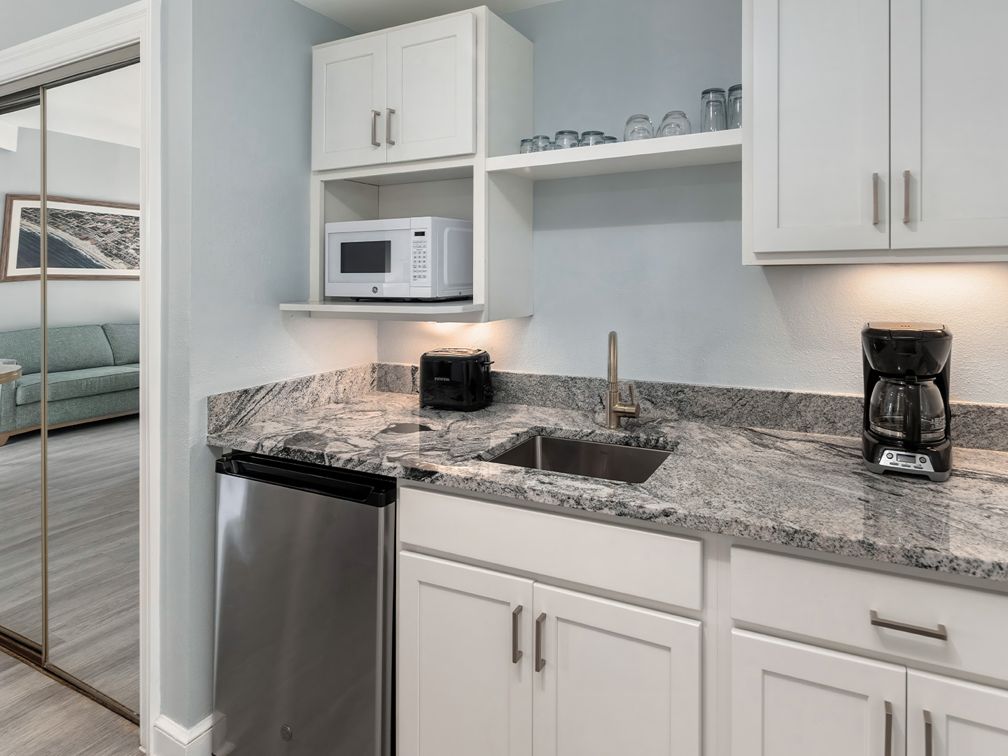 The kitchen area in a studio villa at South Beach Resort