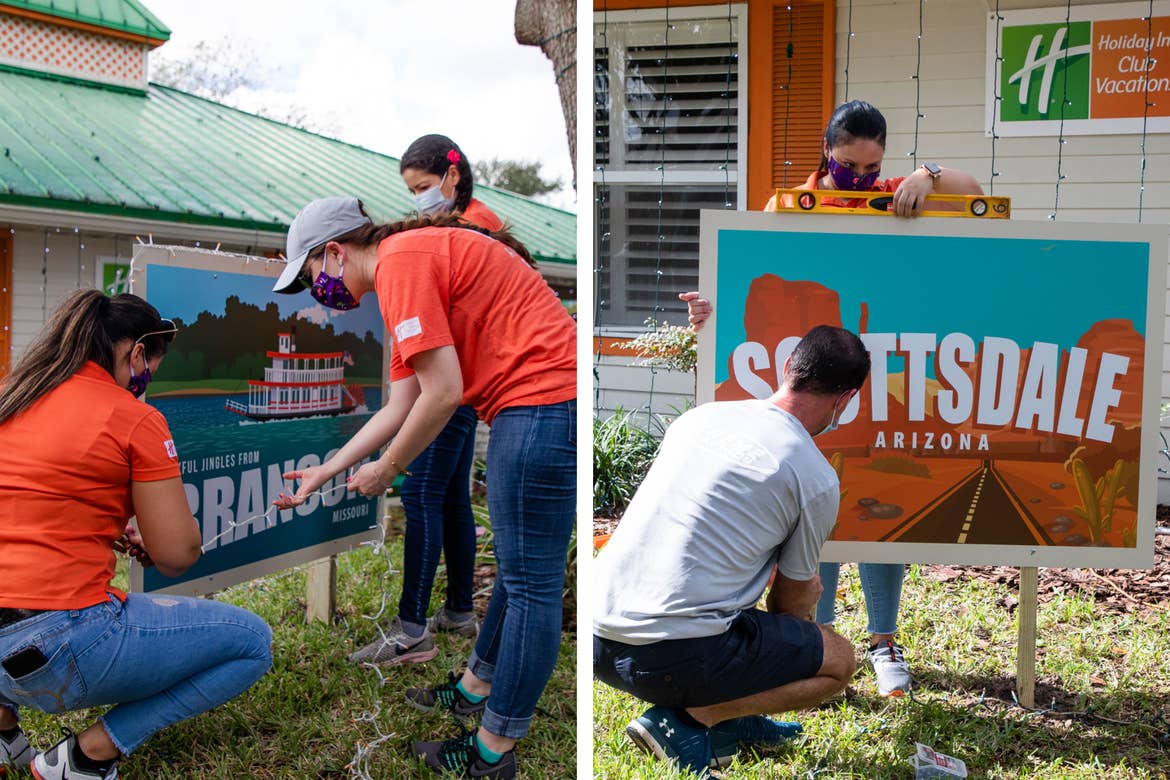 Left: Three HICV Team Members help setup the festive decor outside of their Villa at Give Kids the World. Right: Two other HICV Team Members setup a giant postcard outside of their Villa at Give Kids the World.