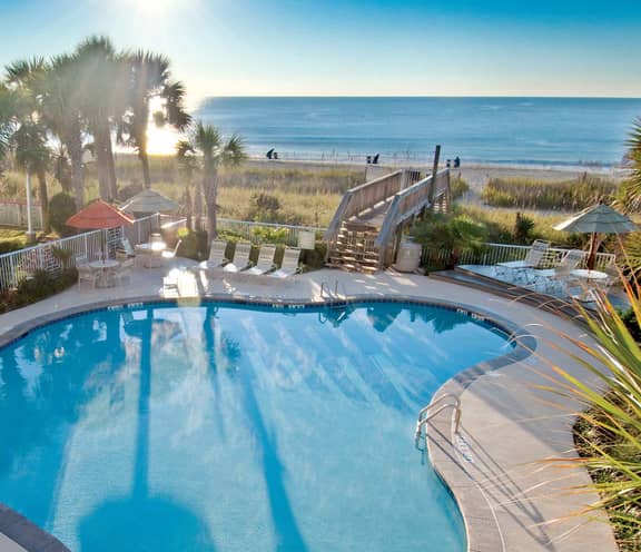 view of beach and pool at South Beach Resort in Myrtle Beach, SC