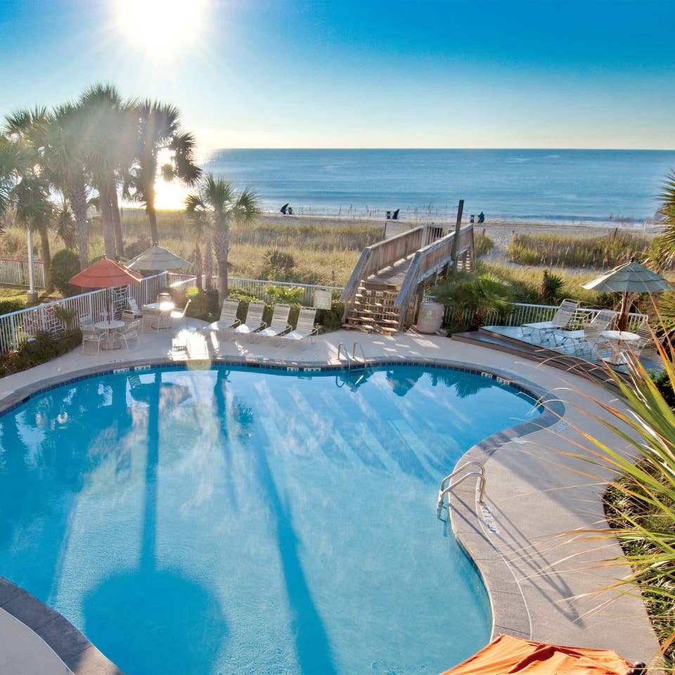view of beach and pool at South Beach Resort in Myrtle Beach, SC