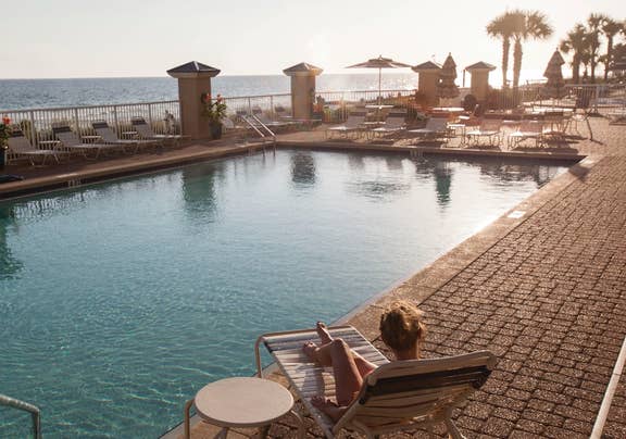 Resort pool overlooking beach at Panama City Beach Resort in Florida.