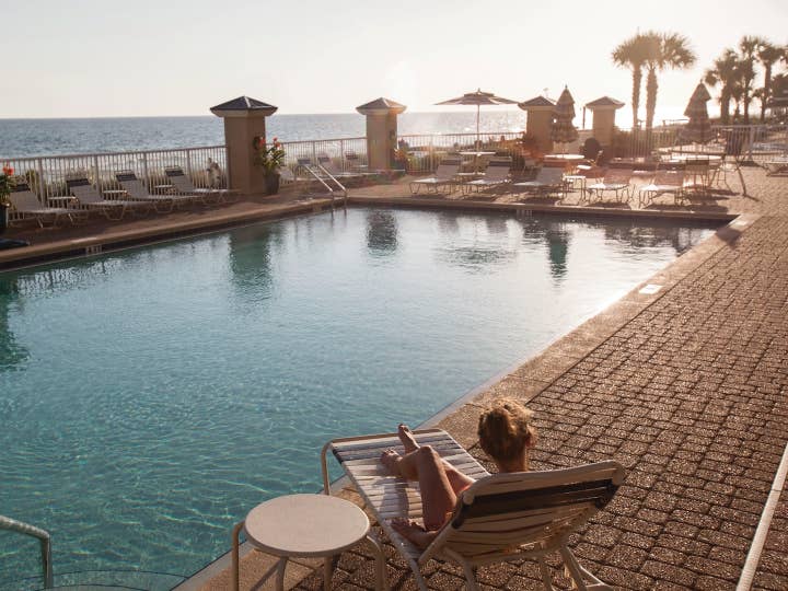 Resort pool overlooking beach at Panama City Beach Resort in Florida.