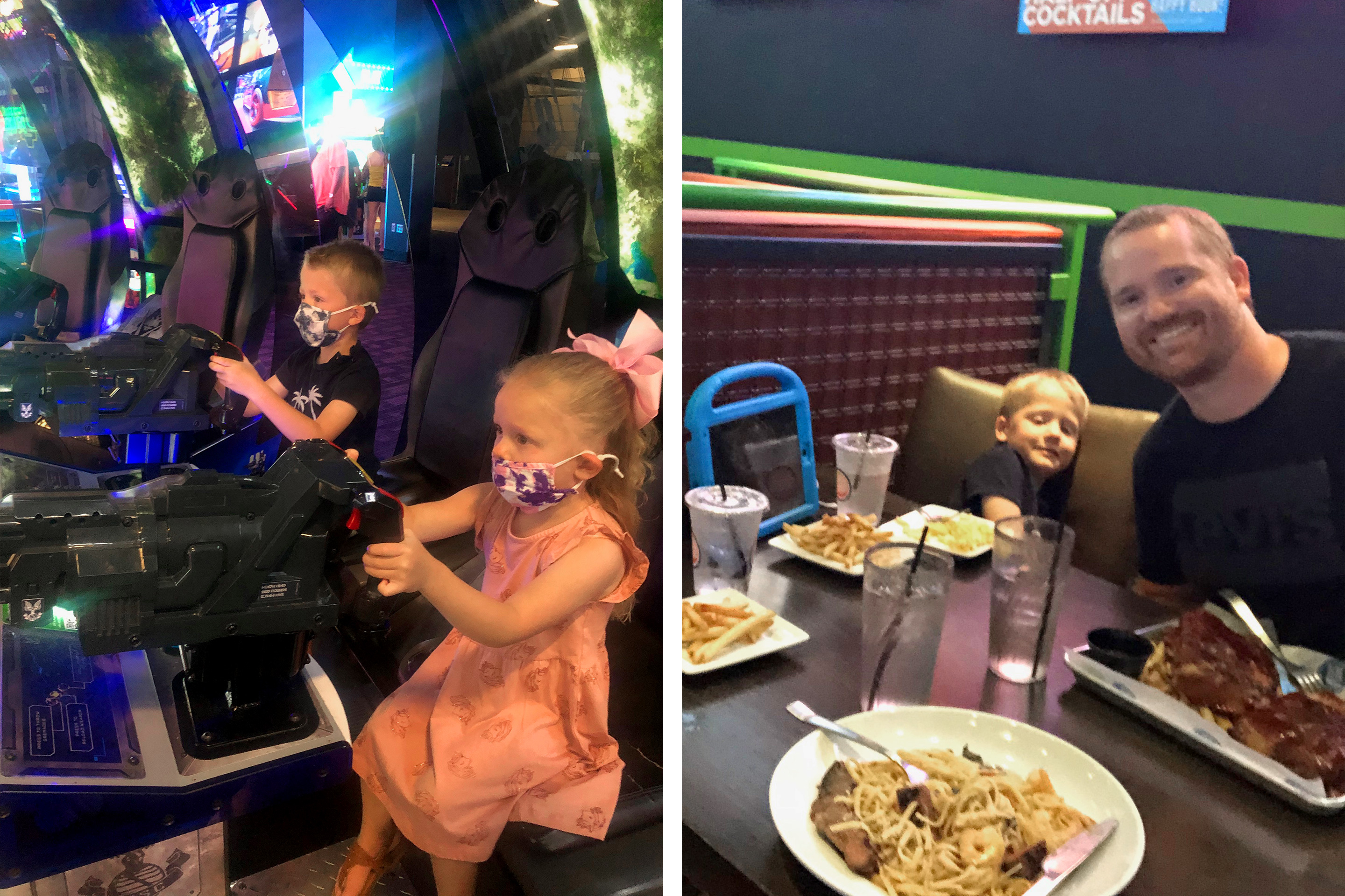 Left: Brianna's Children wear safety masks as they play arcade racing games at Dave & Buster's - Myrtle Beach. Right: Brianna's husband and son enjoy a meal at Dave & Buster's - Myrtle Beach.