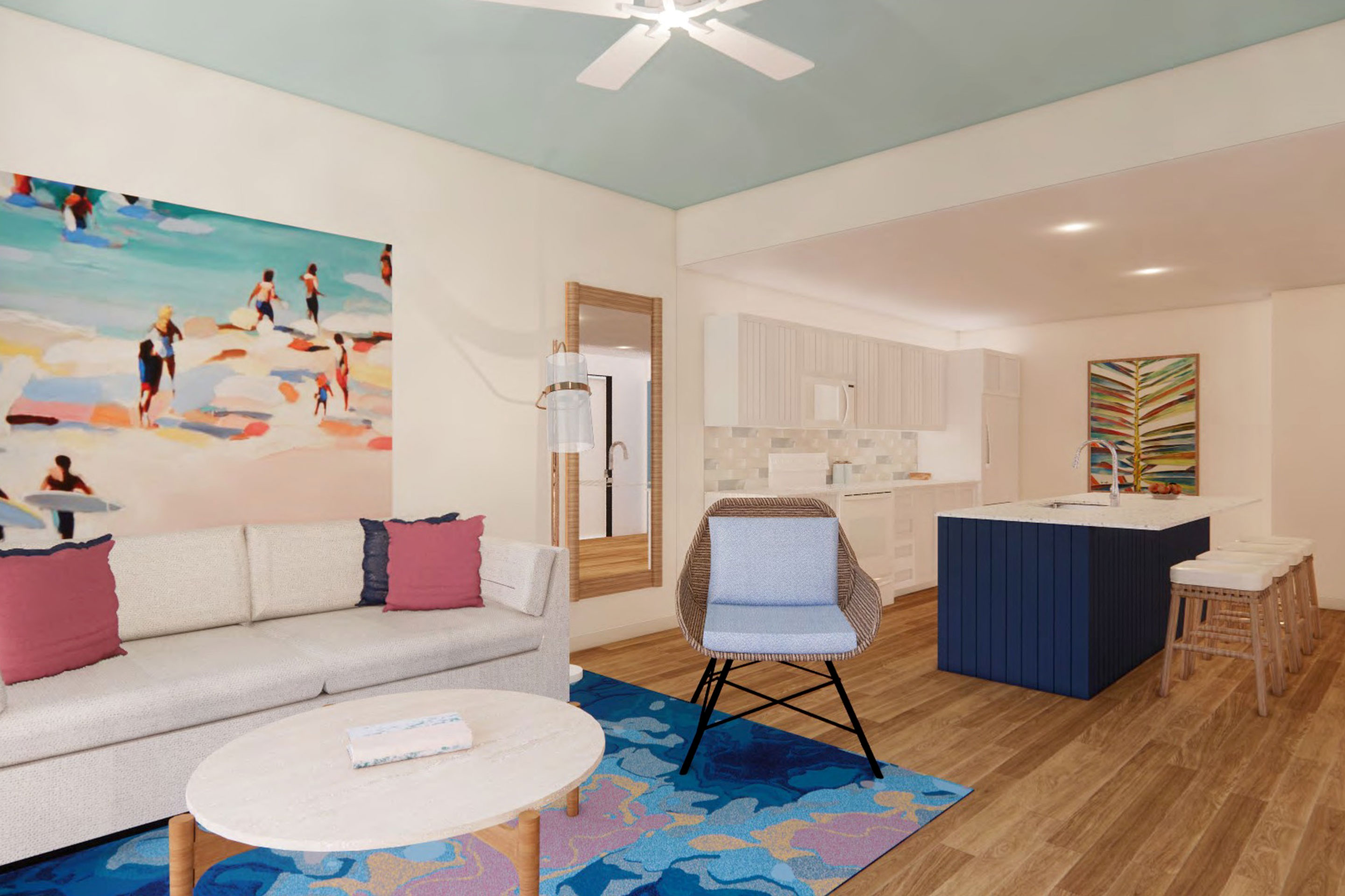 A digital rendering of a living room decorated with coastal colors, a blue kitchen island, straw chairs, white couch and painting of surfers.