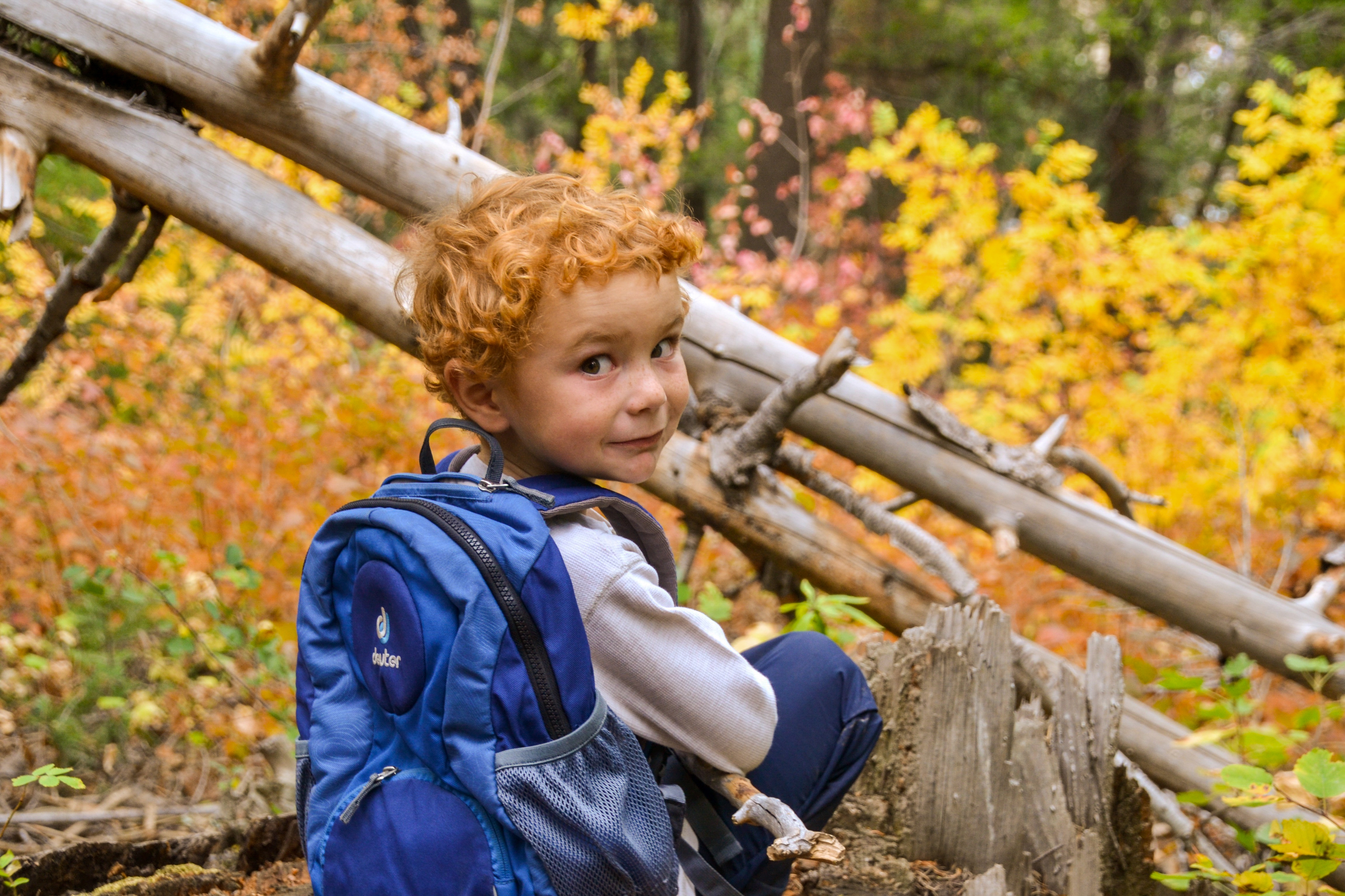 Jessica's younger son looking back at the camera while taking a hiking break
