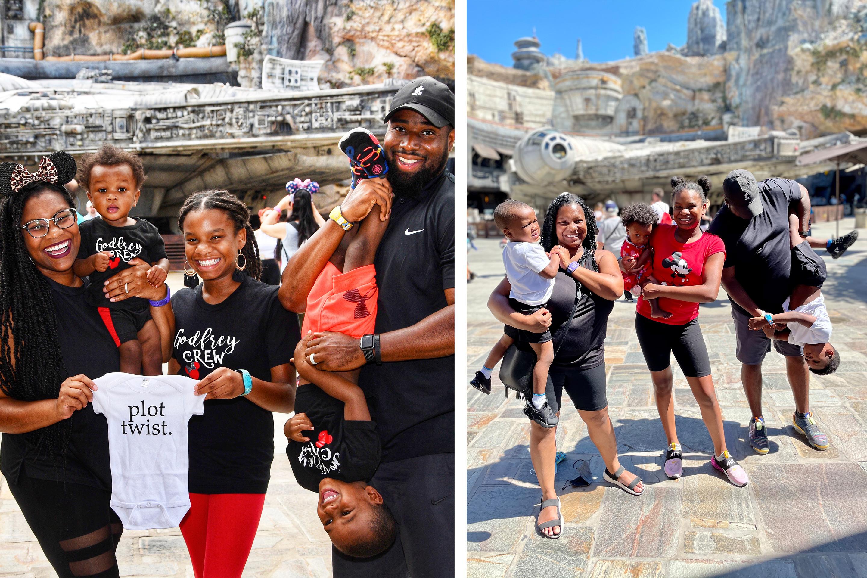 Left: The Godfrey Family stand wearing black shirts and hold a white baby onesie that reads, 'Plot Twist' in front of the Millenium falcon at Walt Disney World. Right: The Godfrey family recreates the photo with Creed.