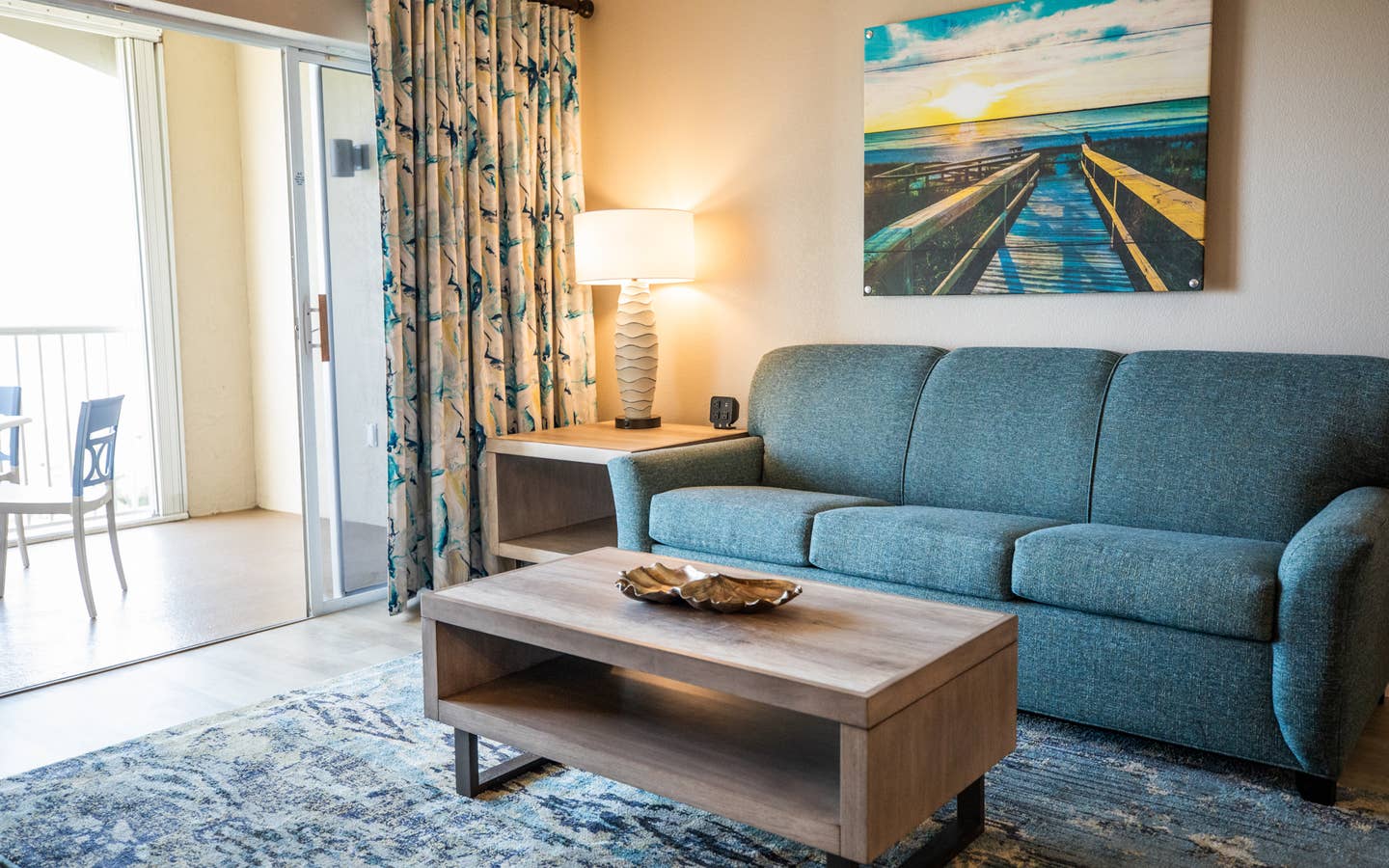 Living room in a two-bedroom villa at Cape Canaveral Beach Resort in Florida.