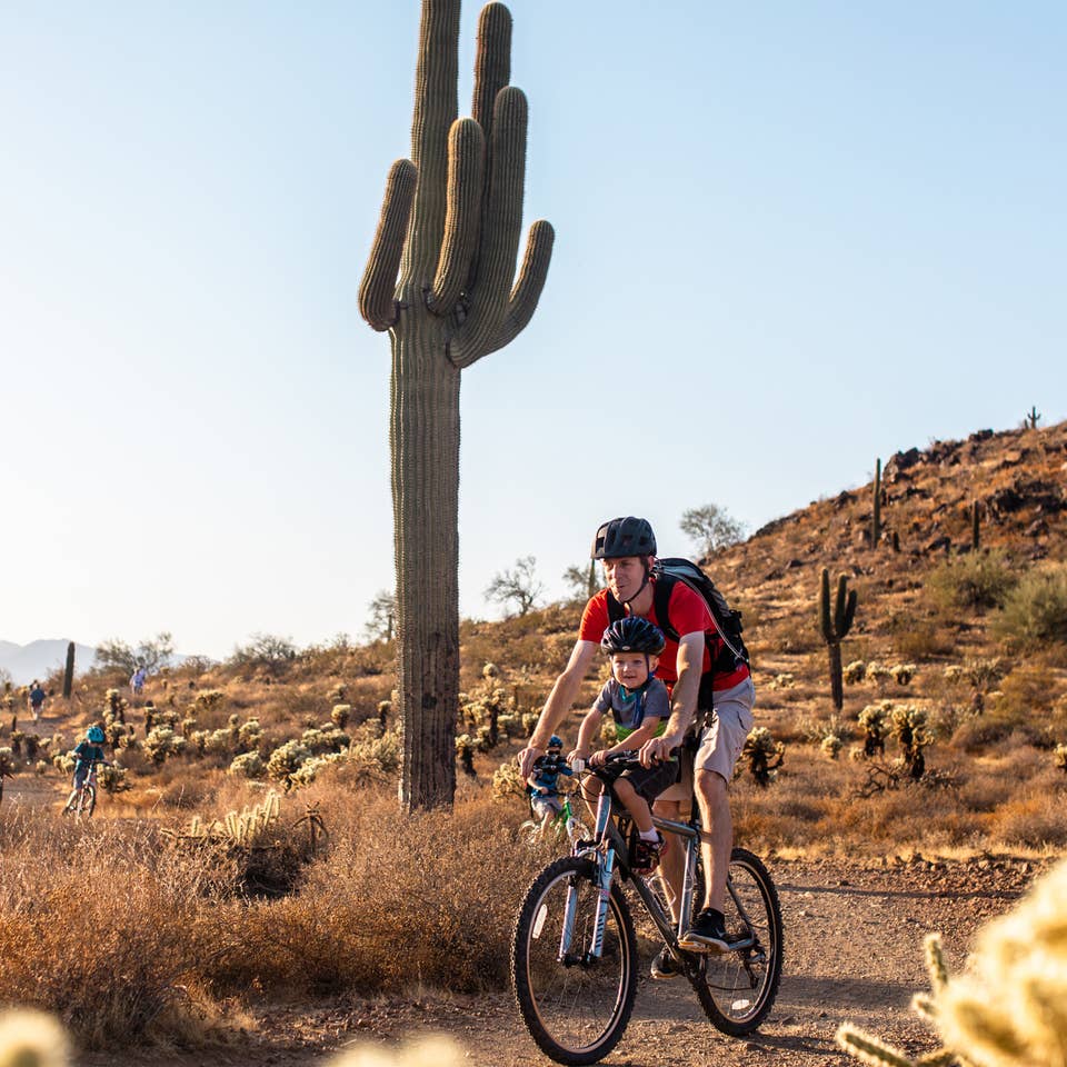 Adult and child riding bike through desert near Scottsdale Resort.