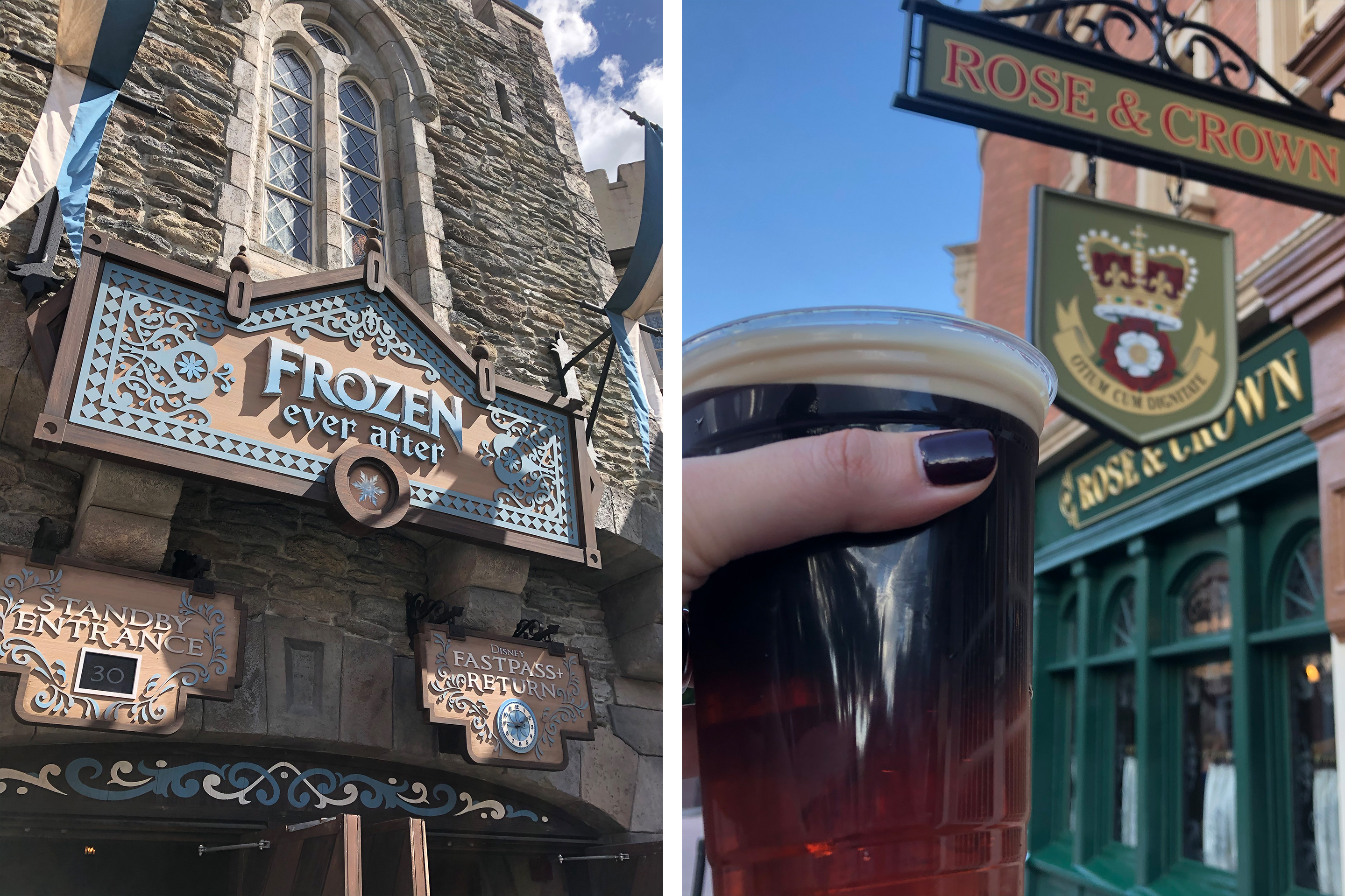Left: The exterior of the 'Frozen Ever After' ride queue in the Norway Pavilion in EPCOT World showcase at Walt Disney World Resort. Right: A woman's holds a Guinness in her hand by the Rose & Crown sign in the England Pavilion in EPCOT.