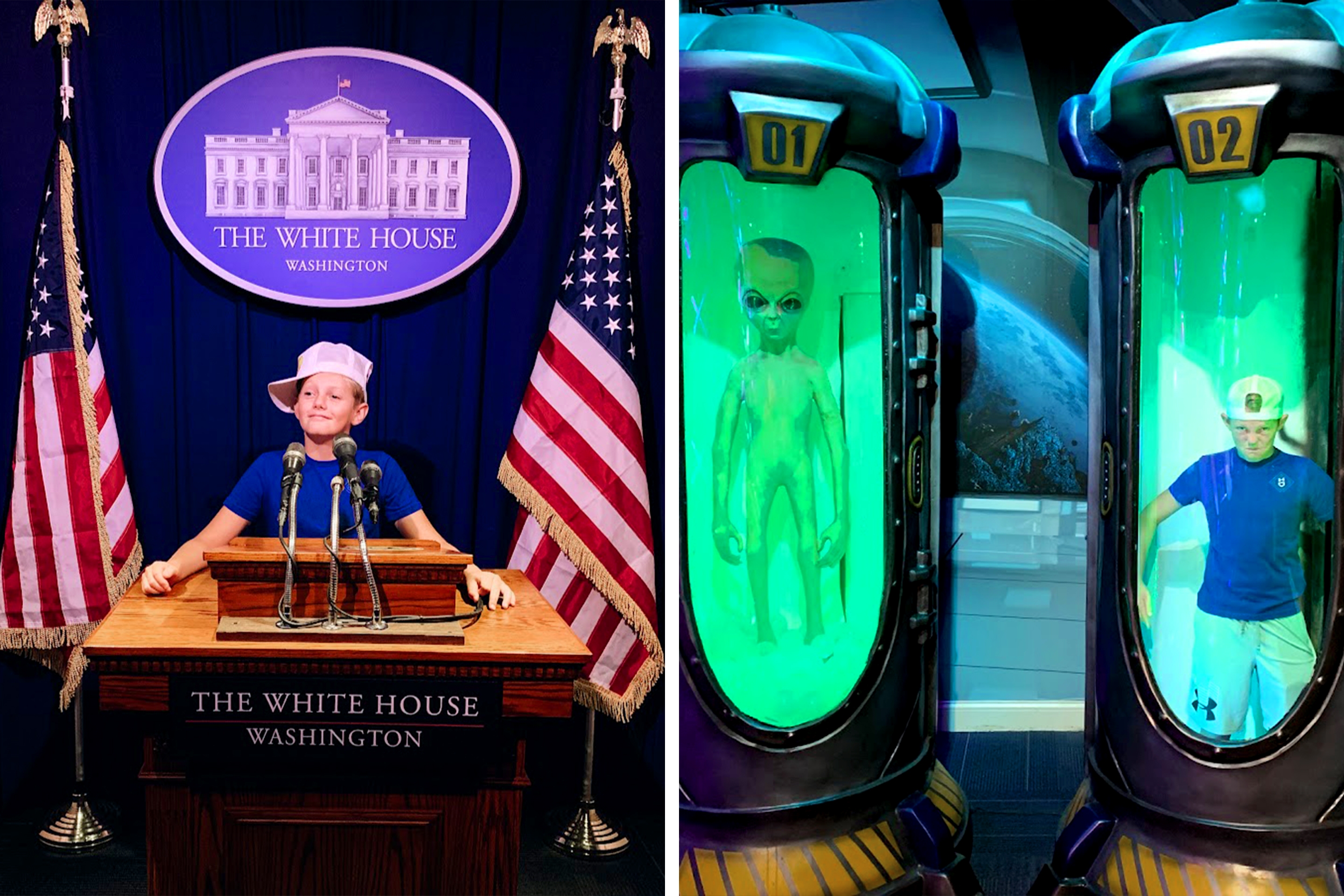 Left: A boy stands near a replica of the White House Press podium. Right: A boy and an alien stand in containers.