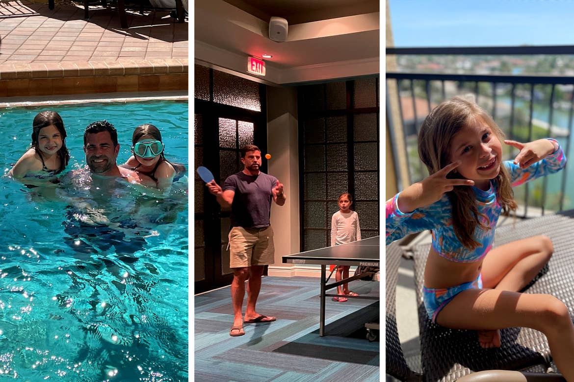 Left: Two young caucasian girls are held by a caucasian male underwater in a resort pool. Right: A caucasian male and young caucasian girl play ping pong indoors. Right: A young caucasian girl sits in swimwear on a resort balcony.