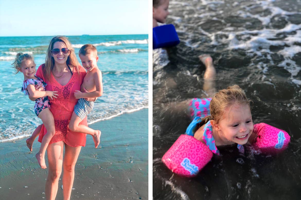 Left: Featured Contributor, Brianna Steele (middle) holds her children on the white sands and shoreline of a beach. Right: Brianna's daughter wears some floaties in the shallow shore waters.