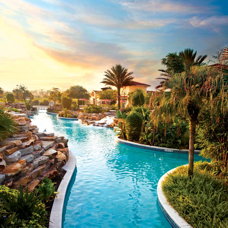 View of lazy river at sunset in River Island at Orange Lake Resort near Orlando, Florida