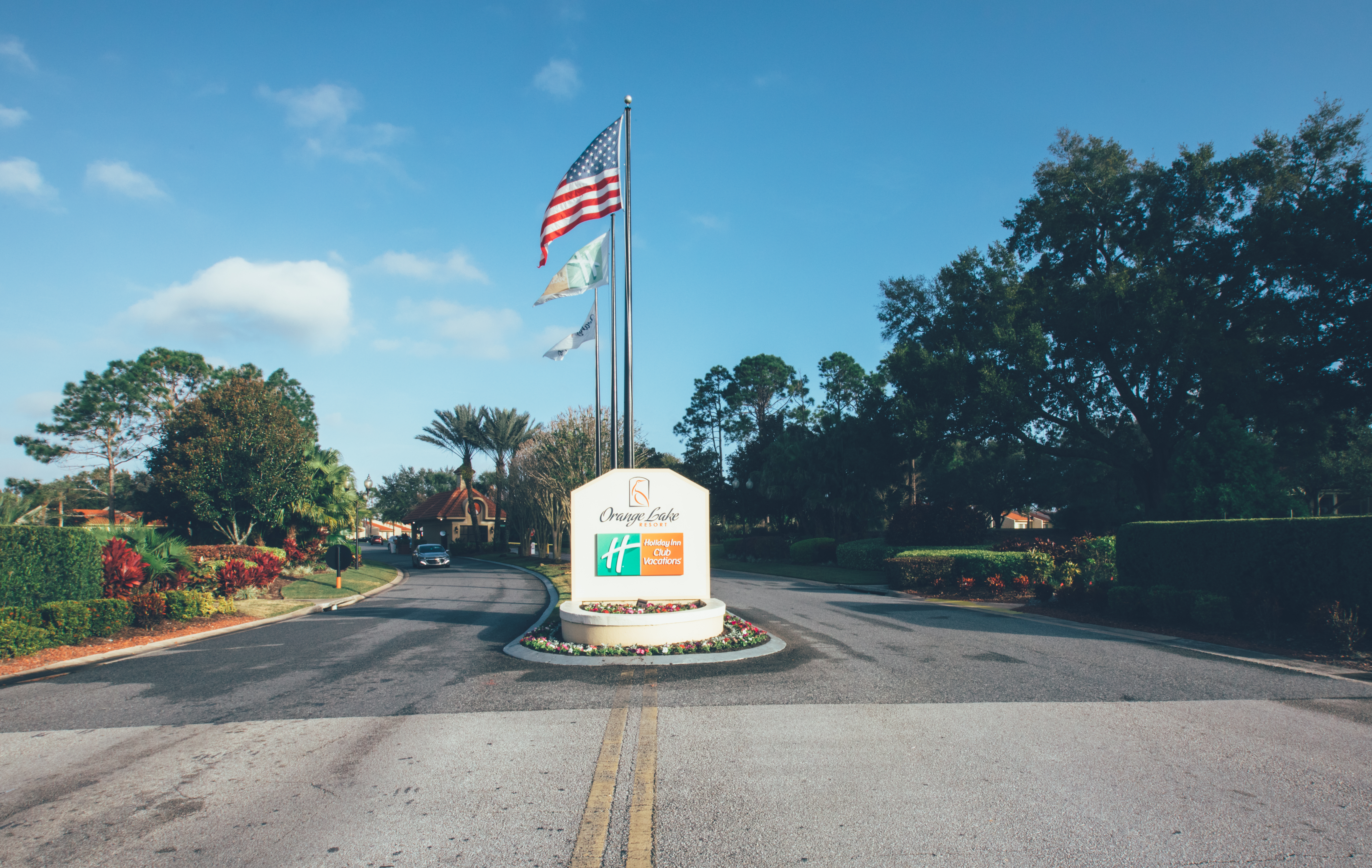 Property sign and entrance to Orange Lake Resort near Orlando, Florida.