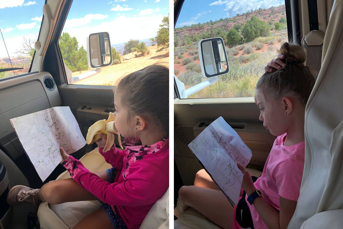 Left: Kyler learns to read a map in the front seat as a navigator. Rightt: Kyndall learns to read a map in the front seat as a navigator.