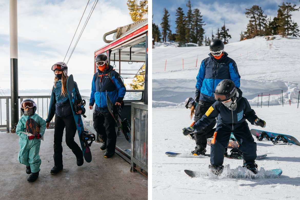 Left: Andrea Rassmussen (middle) and her husband and daughter emerge from the Skier Express gondola in Snowboarding gear. Right: Andrea's family makes their way down the snowy slopes in their snowboard gear.