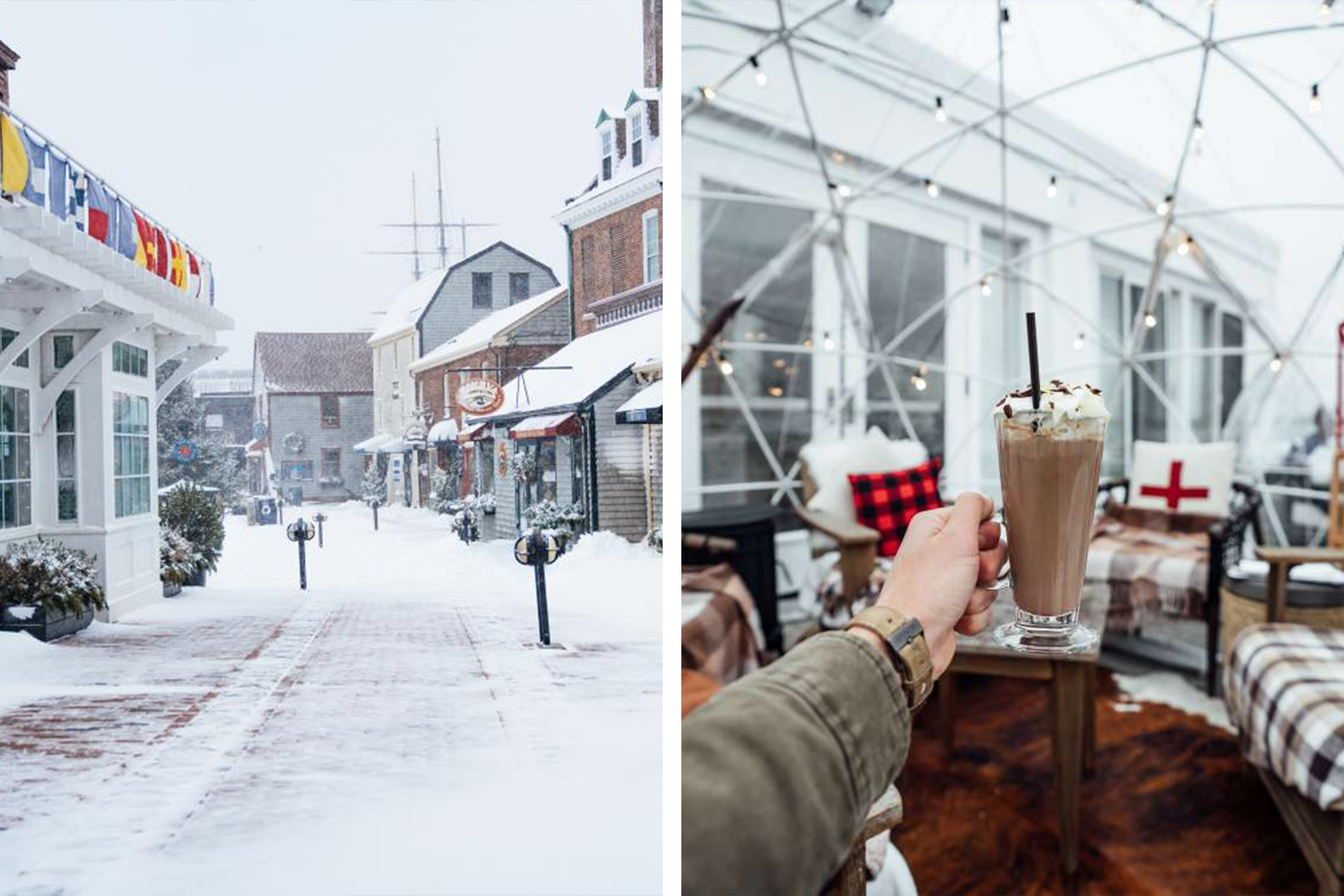 Left: Snow-covered township of Newport, RI. Right: A man wearing a khaki jacket holds a hot chocolate in an igloo containing furnishings and string lights.