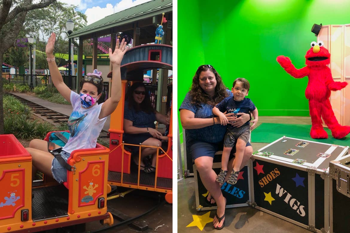 Left: Jennifer Harmon rides Elmo's Choo Choo Train with Theresa as they wear masks. Right: Theresa and Dakota sit in the foreground while Elmo poses in back.