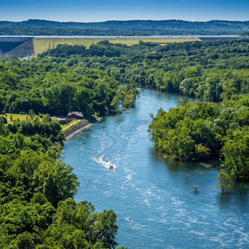 Aerial view of river in Branson, Missouri near Ozark Mountain Resort.