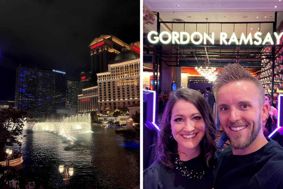 Left: The exterior view of Caesars Palace casino and the Bellagio fountain show at Las Vega, Nevada. Right: A woman and man dressed in black stand outside of a restaurant with a marquee that reads, 'GORDON RAMSAY'.
