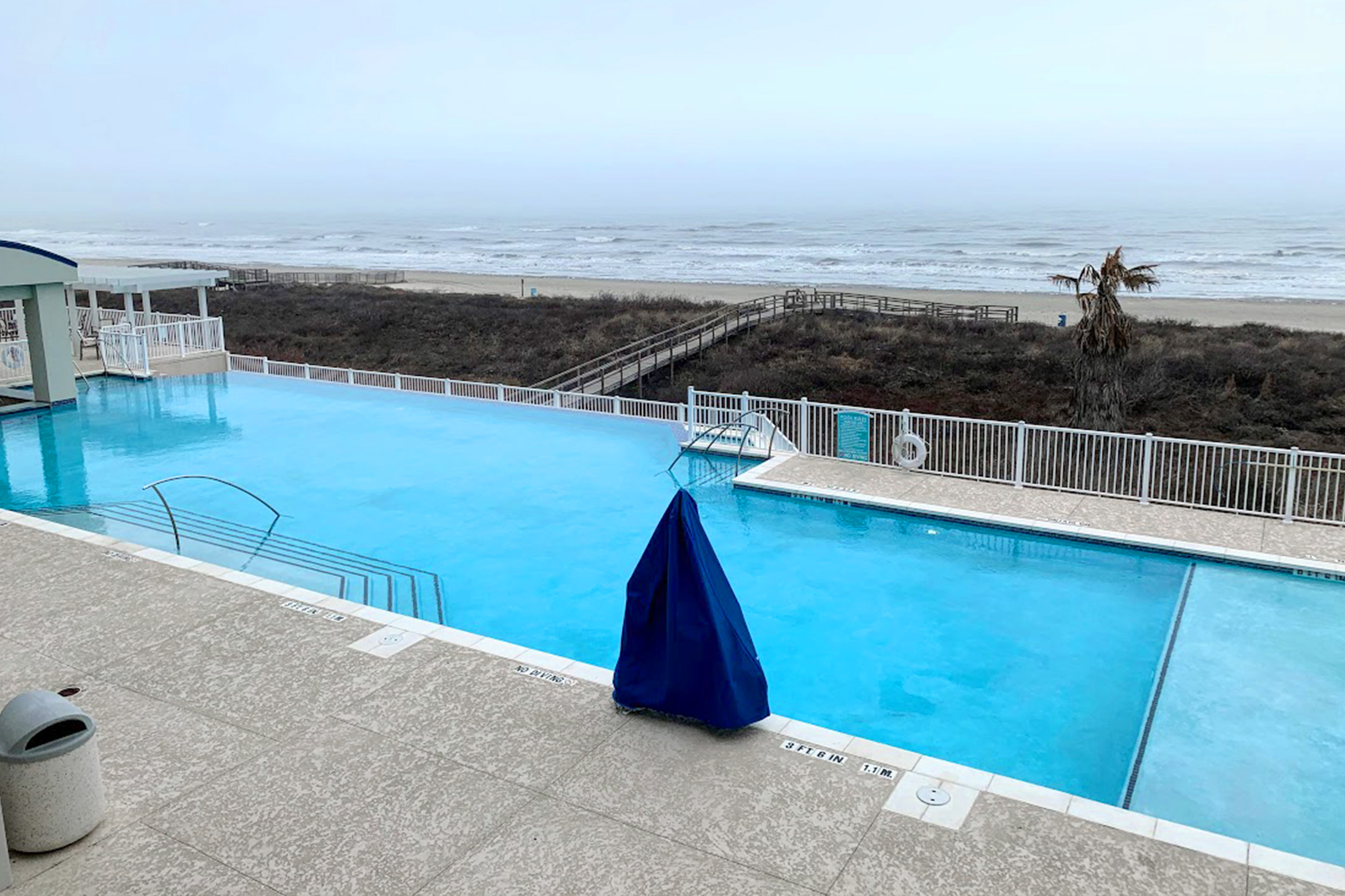 A view of the beach from our villa at Galveston Beach Resort in Galveston, Tx.