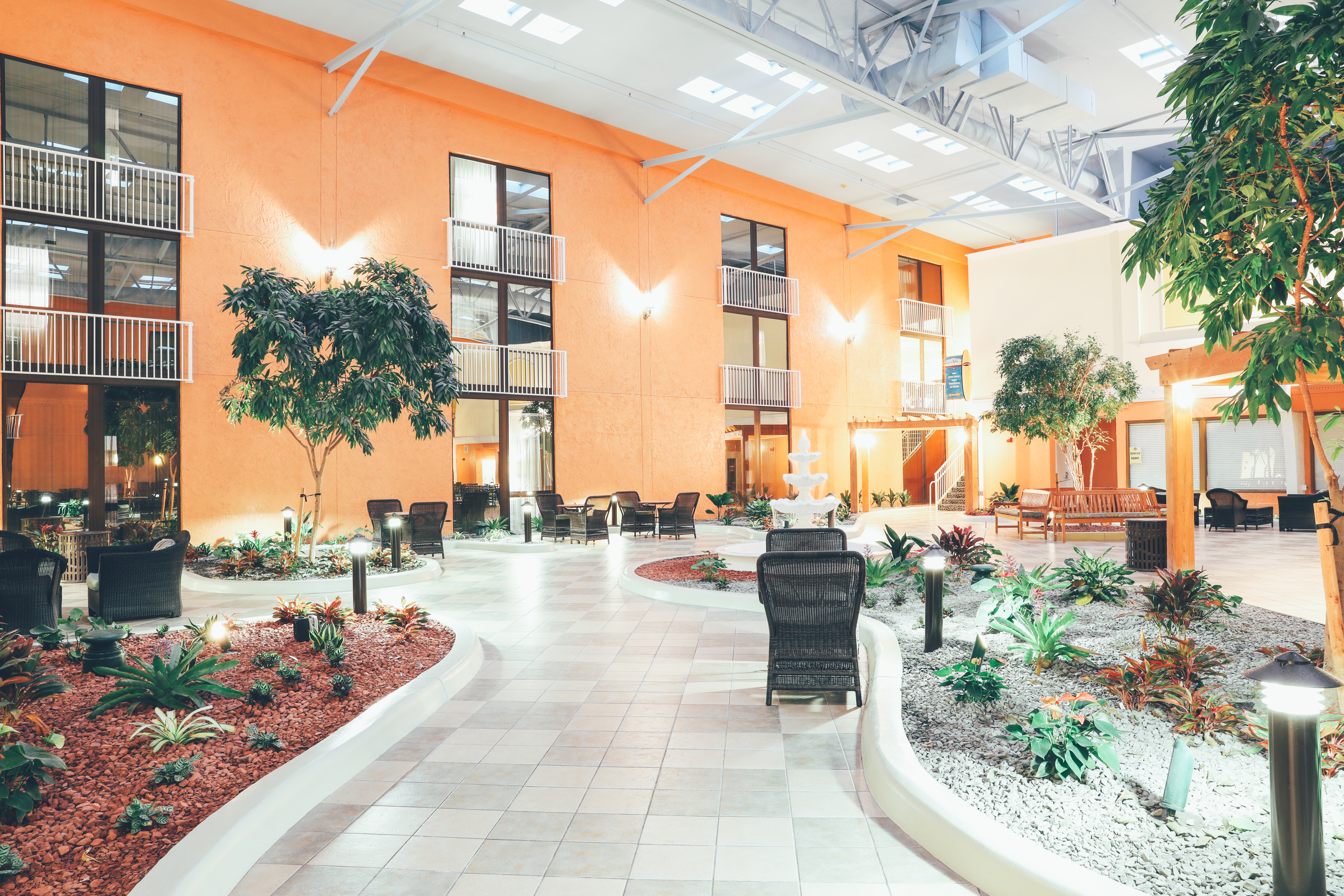 Atrium in reception building in West Village at Orange Lake Resort near Orlando, Florida.