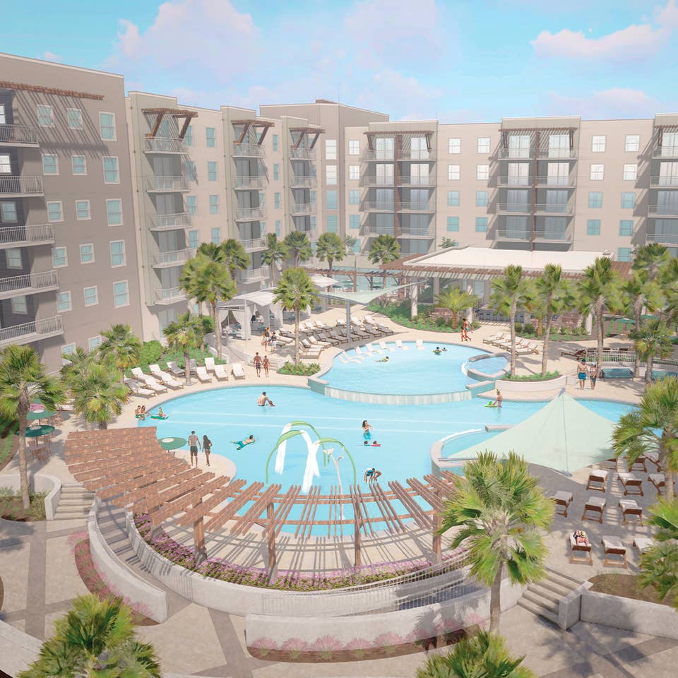 A digital rendering of a resort exterior with a pool, palm trees and guests in swimwear.