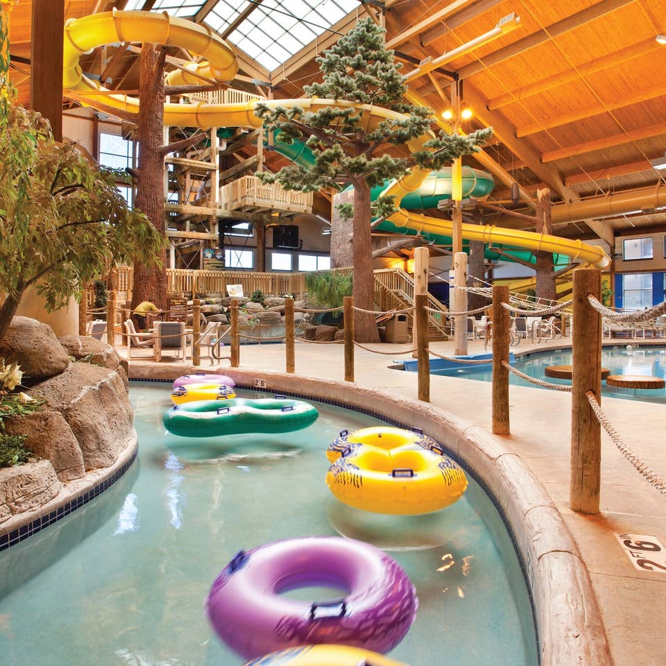 Waterpark with lazy river and waterslides at Lake Geneva Resort in Wisconsin.