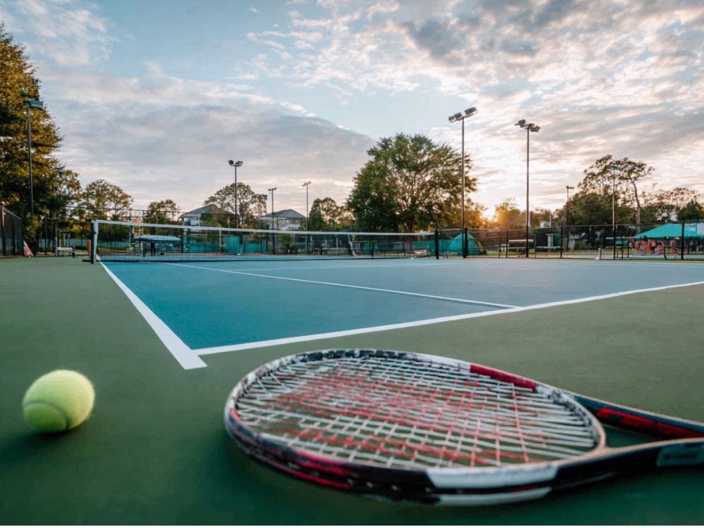 Tennis courts at Chateau on the Lake Resort, featuring scenic surroundings.