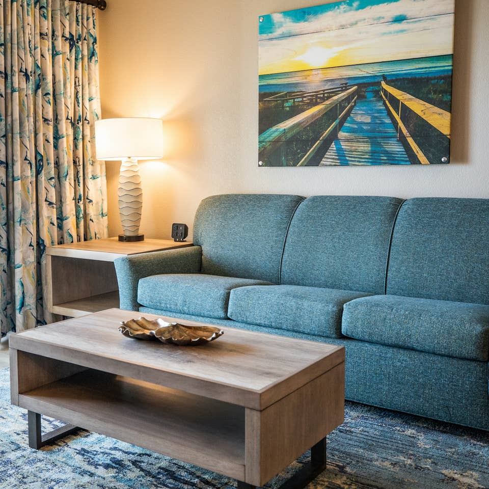 Living room in a two-bedroom villa at Cape Canaveral Beach Resort in Florida.