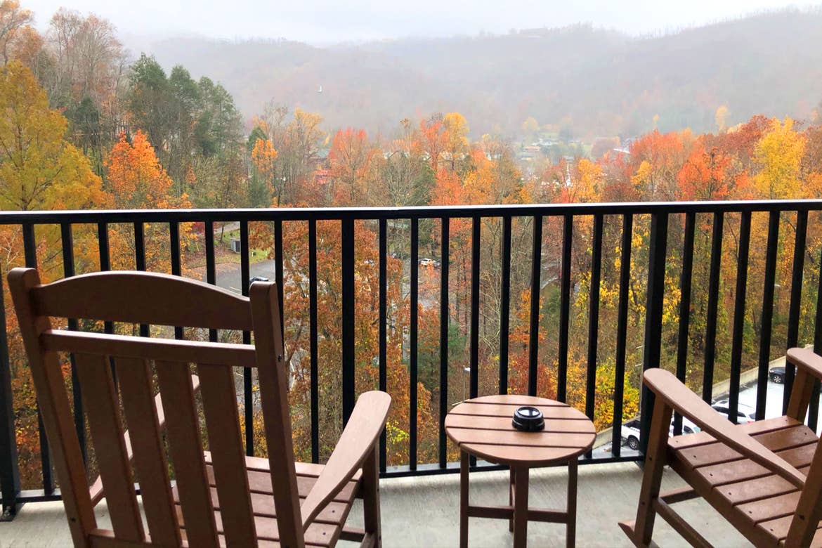 The balcony of our two-bedroom villa at Smoky Mountain Resort overlooking the fall foliage.