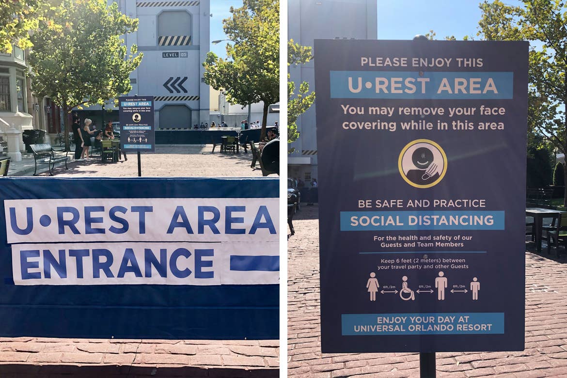 Left: Way-finding sign indicating the direction of the 'U•REST Area' entrance. Right: 'U•REST Area' signage that indicates social distancing rules within the area being enforced.