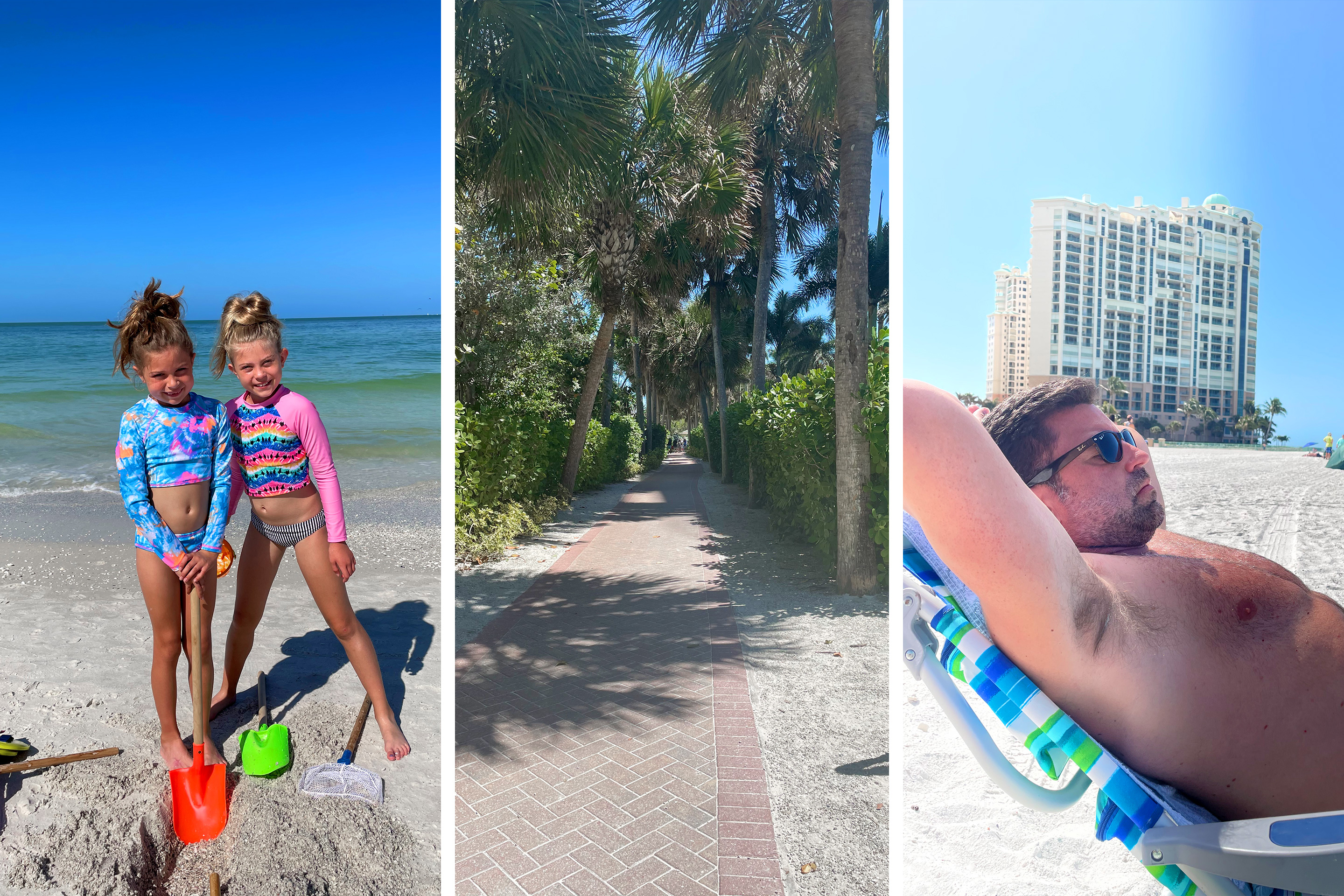 Left: Two caucasian girls stand on a white sandy beach in front of the ocean. Center: A brick-paved pathway surrounded by palm trees and bushes. Right: A caucasian man relaxes in a lounge chair on a beach.