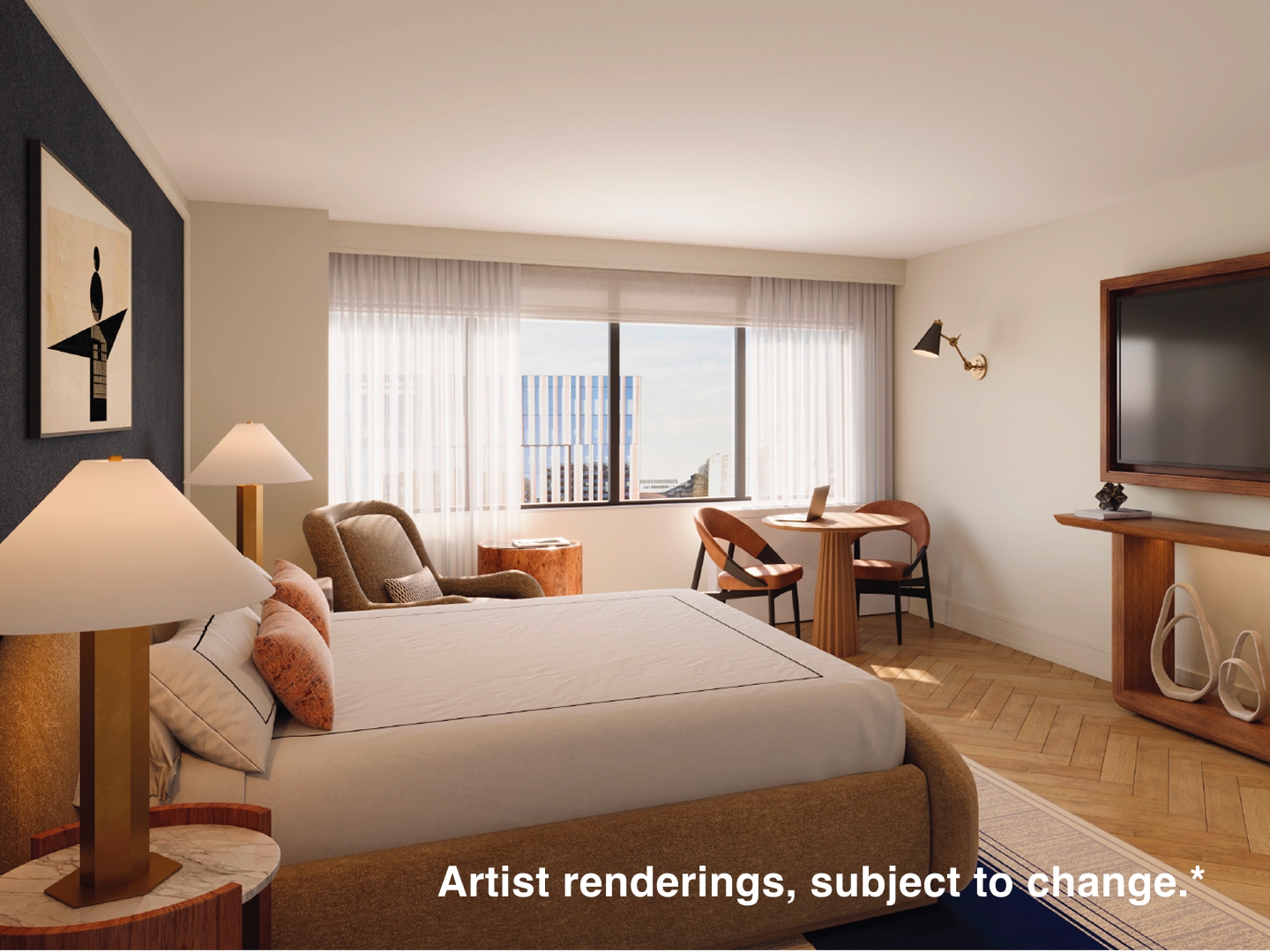 Artist rendering of a 1 King Standard room with a king bed, seating area and large window at Banneker. 
