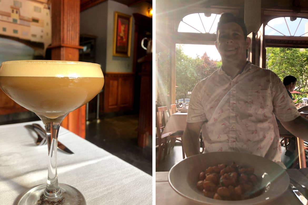 Left: An espresso martini stands on a white tablecloth. right: A man holds a plate of food.