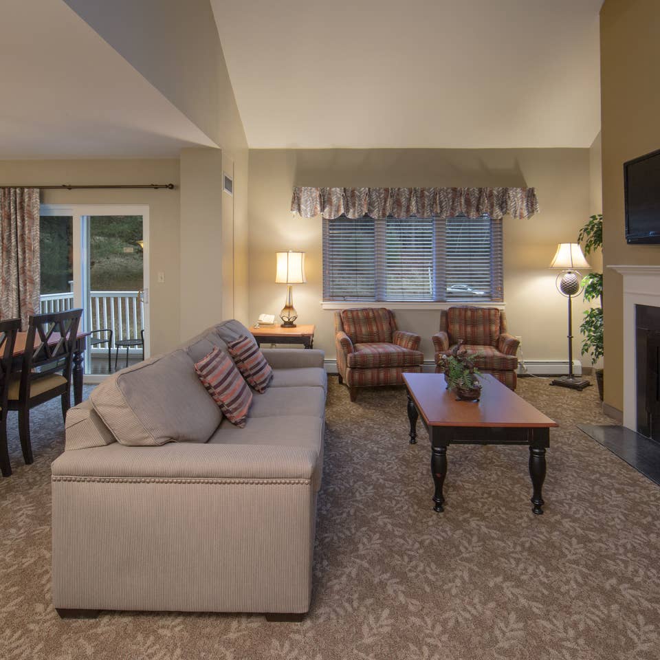 Living room in a three-bedroom villa at Mount Ascutney Resort in Brownsville, VT